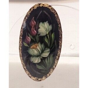Vintage Large Laquer Russian Black Gold  Floral Brooch Oval Unsigned